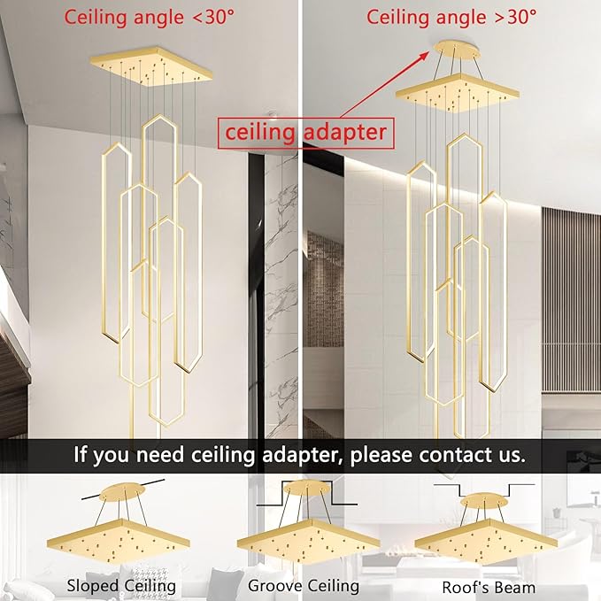 6-Rings Chandelier Modern, Gold Large Contemporary LED Light for Living Room Entrance, Dimmable Flush Mount High Ceiling Chandeliers with Remote Control for Villa Foyer