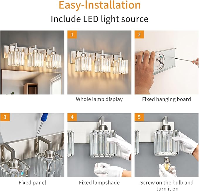 Modern Bathroom Vanity Light 3-Lights Brushed Nickel Vanity Light Crystal Wall Light Bathroom Light Fixtures