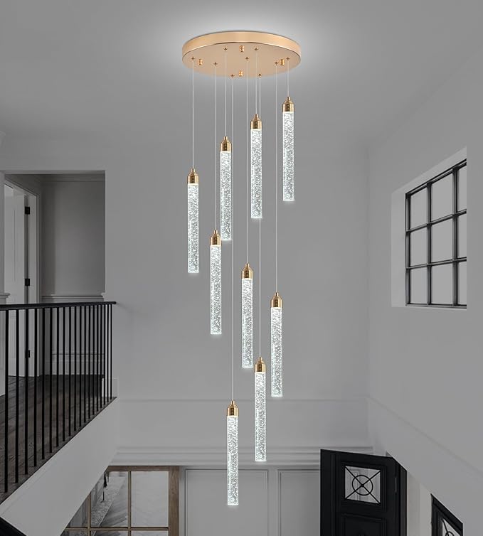 9-Light Gold High Ceiling Crystal Staircase Chandelier, Modern Spiral Raindrop Dimmable LED Bubble Cluster Ceiling Hanging Lighting Fixture for Foyer Living Room Entrance Remote Control