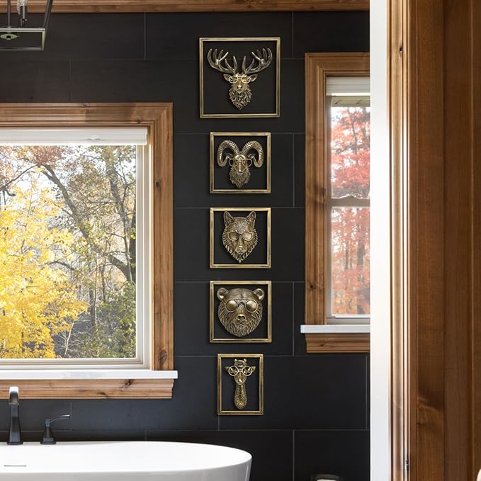 JJALIGHTS Animal Heads Wall Decor Resin Animals Sculptures Head Wall Hanging Decoration Imitation Copper vintage Wall Sculpture for Living Room Bedroom Office(5pcs,Includes Metal Frame)