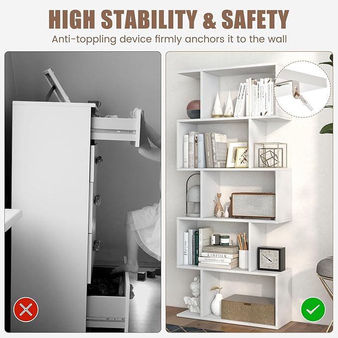 5 Tier Geometric Bookcase, S Shaped Bookshelf, Modern Decorative Storage Shelving, Wooden Room Divider Bookcase, 62.5" Tall Staggered Display Book Shelf for Living Room (1, White)