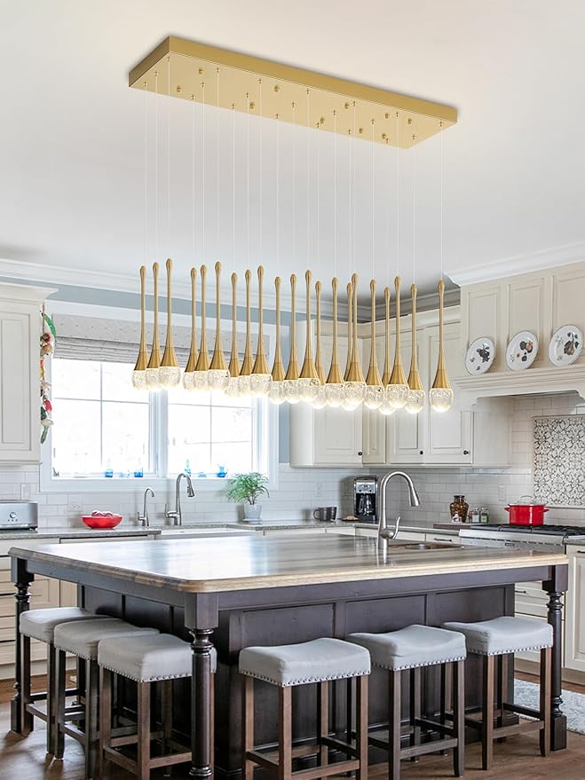 24-Lights Rectangular Chandelier Crystal Raindrop Chandeliers Flush Mount Ceiling Light for Dining Room Living Room High Ceiling Chandelier for Staircase Foyer Entryway Gold Chandeliers