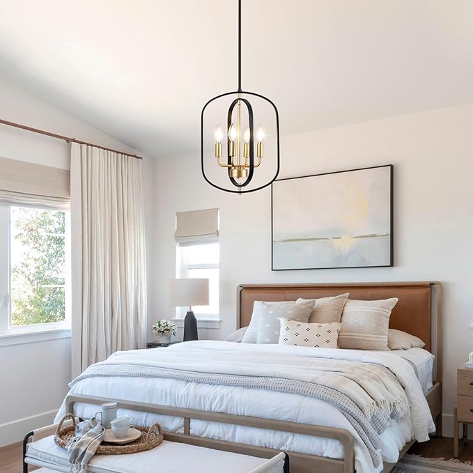 Modern Chandelier for Dining Room, Black and Gold Chandelier Light Fixture, 4-Light Farmhouse Chandelier Lights, Adjustable Rustic Chandeliers for Kitchen Island, Entryway, Foyer, Living Room