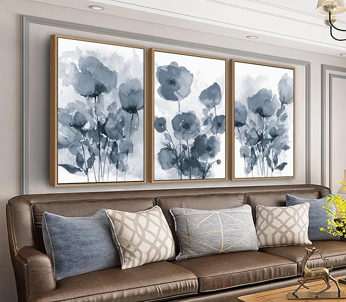 arteWOODS Botanical Framed Wall Art - Abstract Watercolor Style Pictures Grey Blue Floral Wall Decor Minimalist Prints Aesthetic Flowers Painting Artwork 16" x 24" Set of 3 Natural Framed