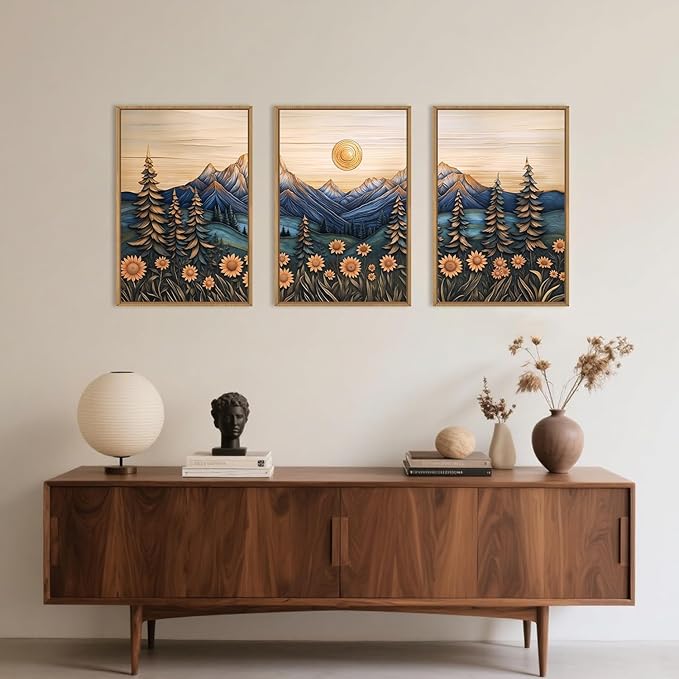 Large Natural Floral Mountain Framed Canvas Wall Art,Vintage Forest Wall Decor,Boho Abstract Moonlight Landscape Artwork,Mid Century Scenery Art Print for Living Room,Bedroom,Office- 24"x36"x3