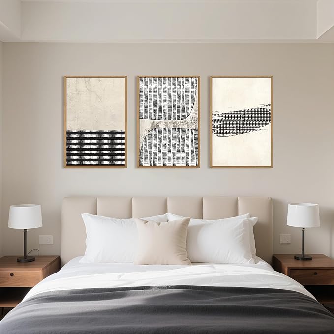 Large Abstract Black and Beige Framed Canvas Wall Art,Minimalist Dots Lines Wall Decor,Modern Geometric Shapes Artwork,Cozy Neutral Art Print for Living Room,Bedroom,Office,Home-24"x36"x3