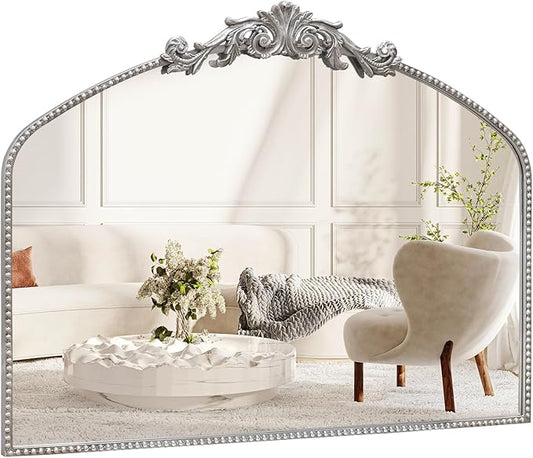 Antique Silver Arch Wall Mirror, 40"x31" Vintage Mantel Mirror with Ornate Metal Frame, Baroque Victorian Mirror for Fireplace/Entryway/Bathroom/Living Room/Hallway