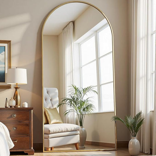 71"X26" Arched Full Length Mirror, Free Standing Leaning or Wall-Mounted Mirror, Aluminum Frame Modern Mirrors for Living Room, Bedroom, Cloakroom, Gold