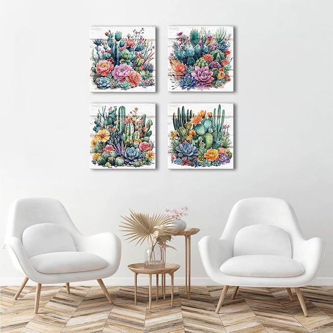 Colorful Tropical Plant Wall Art Vintage Cactus Floral Picture for Bathroom Mexican Spiny Flower Painting Canvas Prints Living Room Bedroom Boho Southwest Succulent Artwork Home Decorations 20x20" 4P