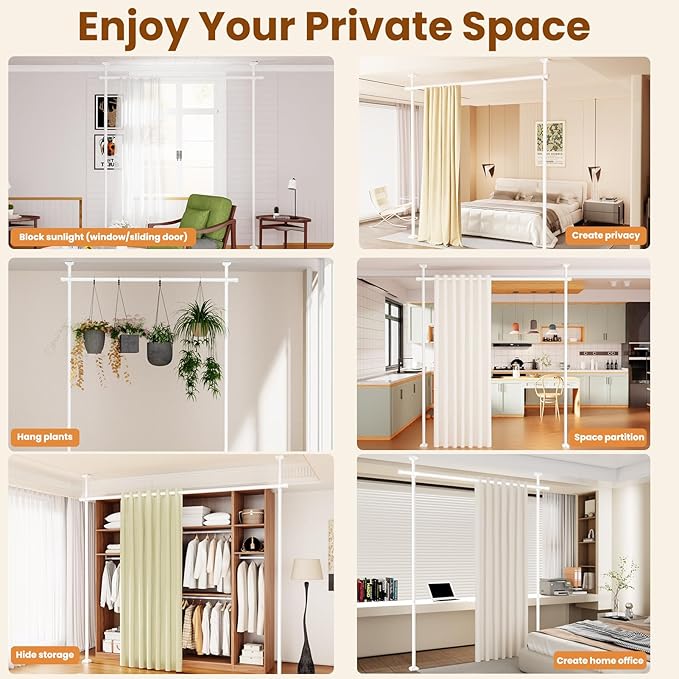 Bonpally Room Divider Curtain Rod, No Drilling Room Separator for Space Partition, 4-10ft (H) 28-70 inch(W) Adjustable Heavy Duty Temporary Wall Divider Floor to Ceiling Tension Rod, White