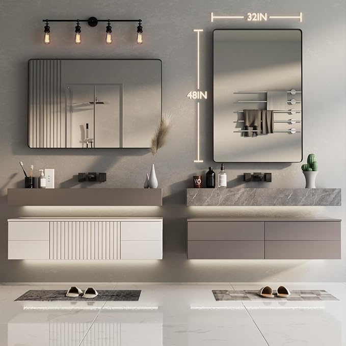 Black Bathroom Mirror for Wall, 48x32 Inch Matte Black Framed Bathroom Vanity Mirror for Farmhouse Living Room Bedroom, Anti-Rust, Tempered Glass, Horizontal/Vertical