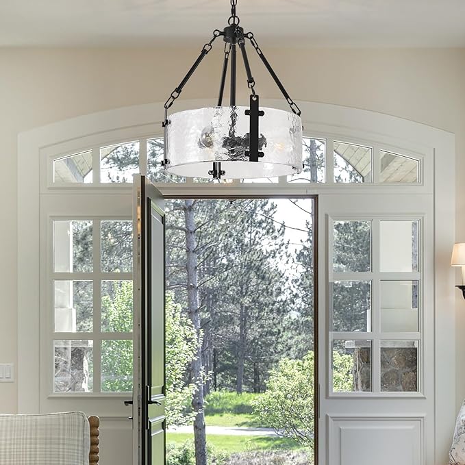 Black Dining Room Chandelier 16'' Modern Textured Glass Chandelier 3-Light Drum Crystal Light Fixture Vintage Farmhouse Round Hanging Lighting for Kitchen Island Over Table
