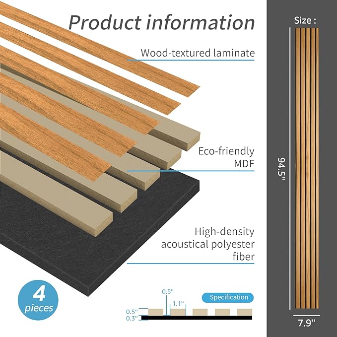 Art3d 4 Pieces 94.5" x 7.9" Acoustic Slat Wood Wall and Ceiling Panels,Fluted Modern Sound Absorbing Panels, Teak