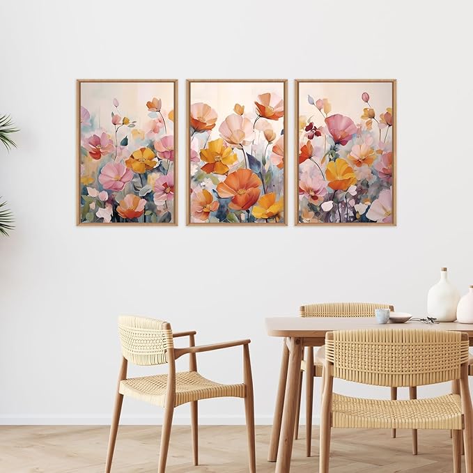 Nature Pink Floral Framed Canvas Wall Art Set,Boho Colorful Wildflowers Botanical Wall Decor, Modern Aesthetic Bohemian Flowers Art Print for Living Room,Bedroom-24 x36 x3