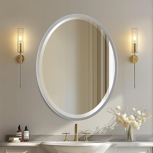 OVALCREST - Oval Wooden Beveled Wall Mirror for Home Decor, Bathroom, Vanity, Bedroom, Living Room, Hallway - London Style (Silver Spray) 29.1 x 23.1