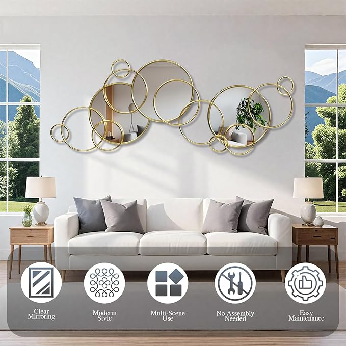 Wall Mirror Decorative, Large Decorative Mirrors for Wall Decor, Round Gold Mirror Wall Art, Wall Mirrors for Living Room, Entryway, Bedroom, Dining Room Kitchen 45''x25.5''