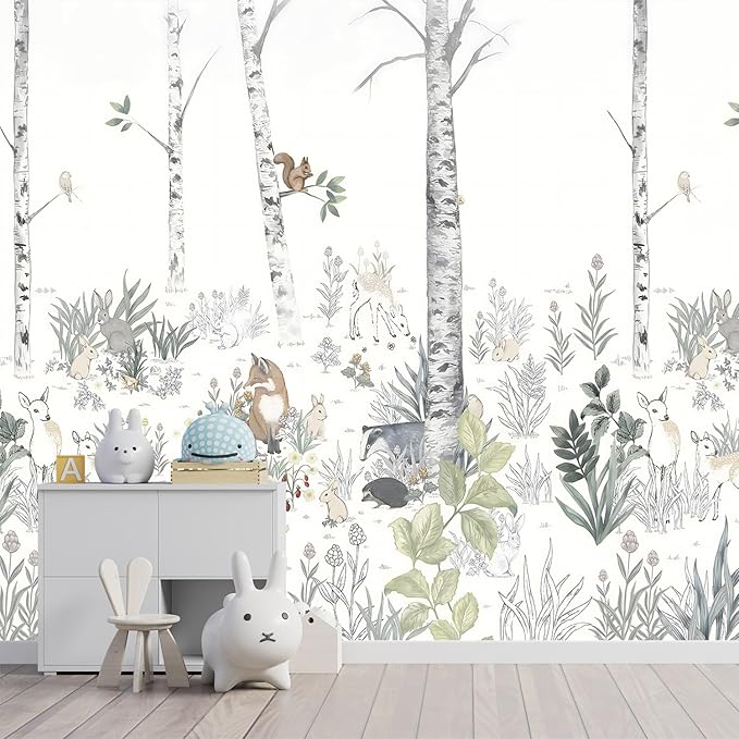-Nursery Cartoon Woods Hand-Painted Animal Wallpaper Children's Room XT10 M 140" x 91"