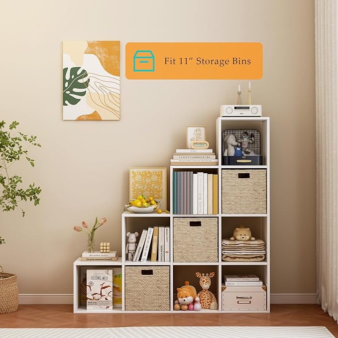 Ladder Cube Storage Bookcase - Wooden L-Shaped 4-Tier Corner Shelf, Reversible 10-Cube Organizer for Home & Office, White