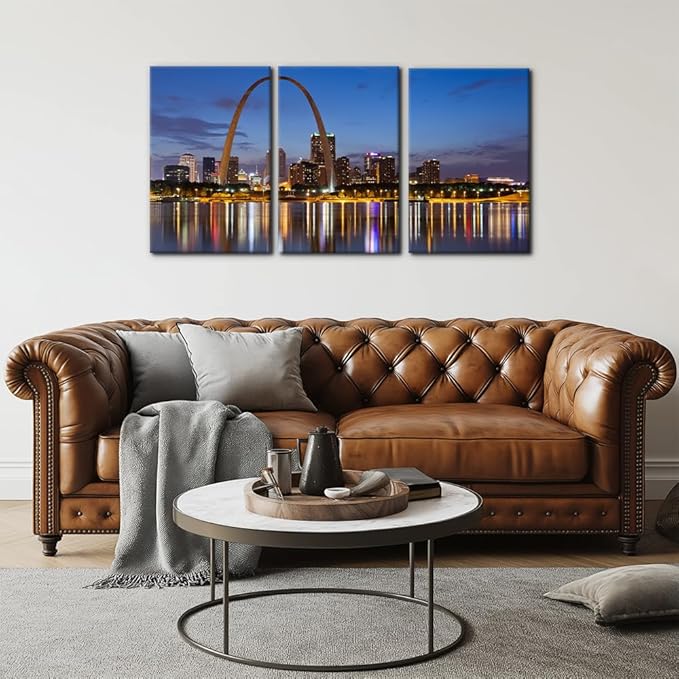 Pacimo Canvas Wall Art for Home Decor St. Louis Skyline Poster Wall Decor Gateway Arch at Sunset Canvas Prints Pictures Cityscape Modern Artwork Stretch and Framed Ready to Hang - 16"x24"x3 Panels
