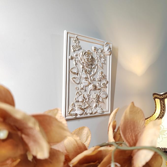 Kangce Vintage Wall Sculptures,Antique Wall Art with Hand-Carved Rose Pattern, Victorian Home Decor,for Living Room, Bedroom,Hallway Gallery,Rectangular,Off-White and Gold