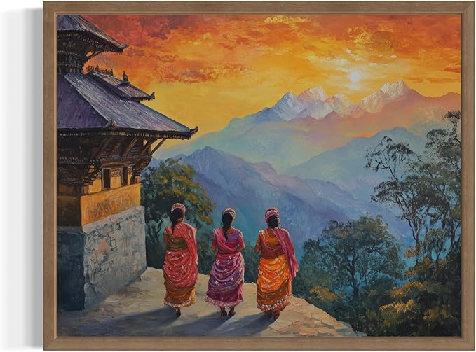 Nepal Art Print Poster, Asia Oriental Countries Culture Wall Art Asian Paintings for Bedroom Bathroom Living Room Decor 97 (Nepal, 11 x 14 inches, Wood Frame)