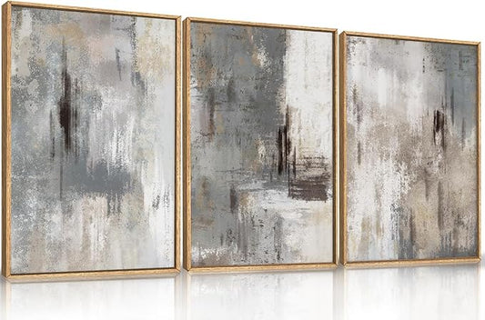 Large Abstract Grey and Beige Framed Canvas Wall Art,Neutral Brush Stroke Wall Decor,Natural Modern Color Block Artwork,Minimalist Nordic Art Print for Living Room,Bedroom,Office- 16"x24"x3