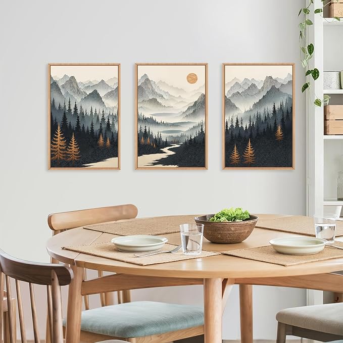 Ausril Watercolor Mountain Forest Framed Canvas Wall Art Set, Wood Foggy Lake Wall Decor, Misty Pine Tree Wall Painting, Neutral Nature Landscape Art Print for Living Room, Bedroom, Office - 16"X24"X3