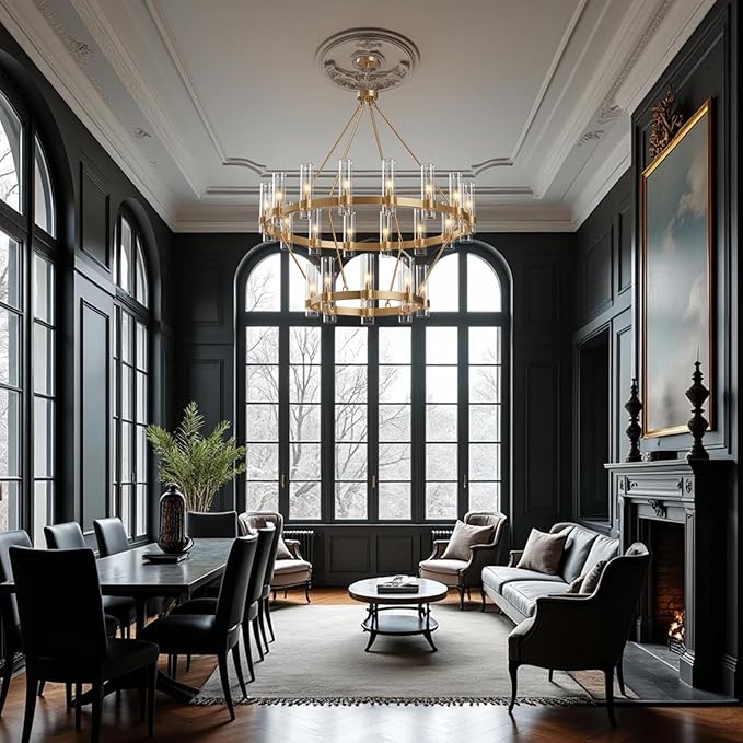 Large Gold Chandelier,24-Lights Wagon Wheel Chandelier with Glass Shade,48 Inch Round Industrial High Ceilings Pendant Lighting Fixture for Dining Living Room, Kitchen Island, Foyer