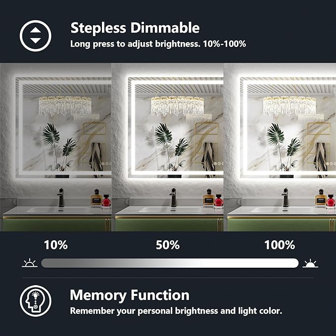 72x40 Inch LED Bathroom Mirror with Lights Front and Backlit Lighted Vanity Mirror for Bathroom Wall with 3 Colors Dimmable Anti-Fog Memory Shatter-Proof IP54 Waterproof Horizontal/Vertical