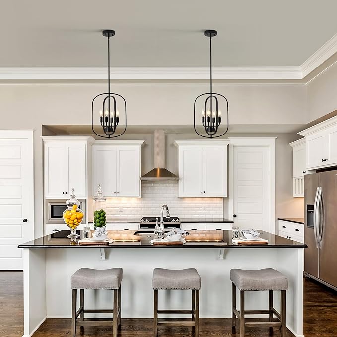 Black Chandeliers for Dining Room, 4-Light Farmhouse Entryway Chandelier, Simple Laundry Room Chandelier, Metal Hanging Light Fixture for Kitchen Island Foyer Stairway Hallway Breakfast