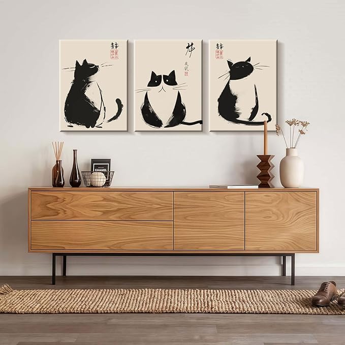 3Pcs Framed Black Cat Japanese Zen Ink Style Cute Funny Animal Wall Art Decor Canvas Print Picture Poster Gallery Bathroom Bedroom Living Room Office 16x24 Inch Ready to Hang