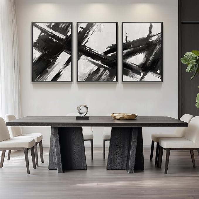 Large Framed Black and White Abstract Canvas Wall Art for Living Room, 3 Piece Modern Prints Paintings Artwork for Walls, Minimalist Abstract Brushstroke Pictures for Hallway Dining Office Wall Decor 24x36 Inch