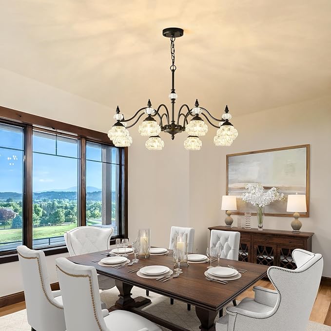 30-Inch Vintage Black Crystal Chandelier for Dining Room, 8-Light Antique Victorian Chandelier Modern Farmhouse Hanging Light Fixtures for Kitchen Island Living Room Bedroom