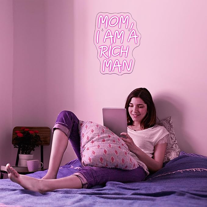 Lucunstar Mom I Am A Rich Man Neon Sign Pink Neon Signs for Wall Decor Pink LED Light for Bedroom Decor USB Connectivity Led Neon Signs for Home Boys Room Man Cave Gifts for Teens