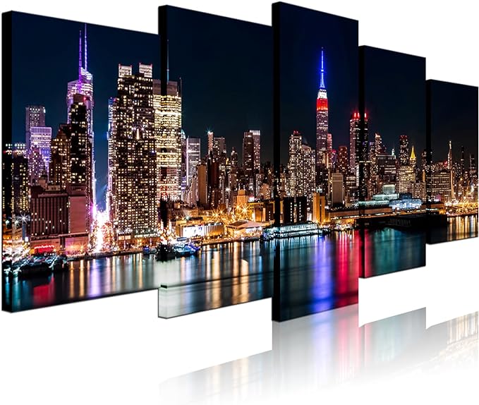 Biuteawal - New York City Canvas Wall Art Manhattan Skyline at Night Picture Prints Modern Home Office Wall Decoration Stretched Ready to Hang