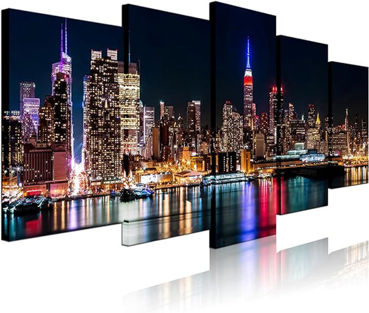 Biuteawal - New York City Canvas Wall Art Manhattan Skyline at Night Picture Prints Modern Home Office Wall Decoration Stretched Ready to Hang