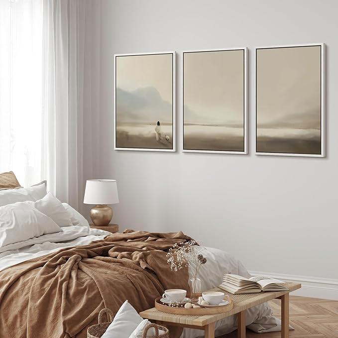 MUDECOR Framed Wall Art Print Set Serene Coastal Landscape Minimalist Illustrations Modern Art Boho Decorative Colorful Chic for Living Room, Bedroom, Office - 24"x36"x3 White