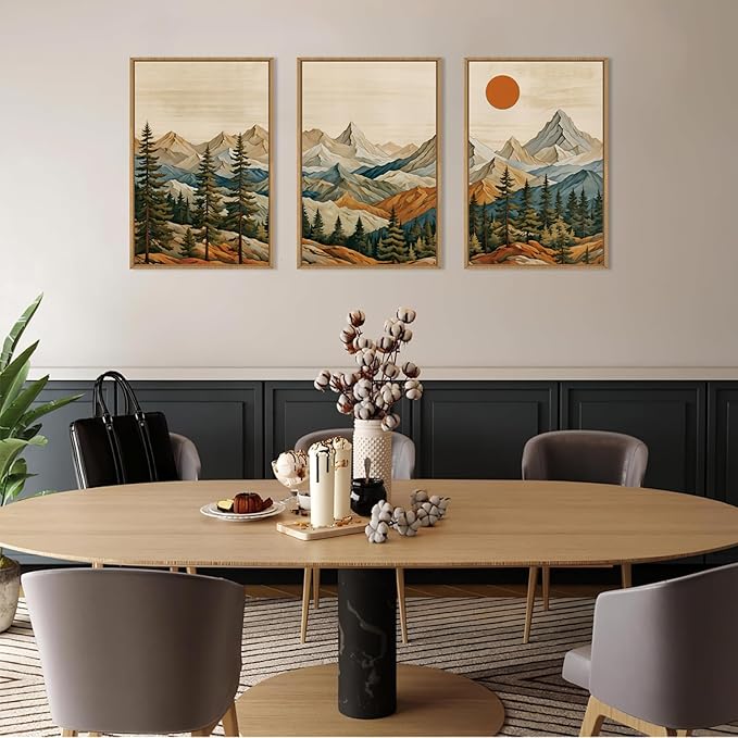 Ausril Boho Woodcut Mountain Framed Canvas Wall Art Set, Woodcut Pine Tree Wall Decor, Brown Wooden Forest Wall Painting, Vintage Mountain Sunrise Art Print for Living Room, Bedroom, Office 24"X36"X3