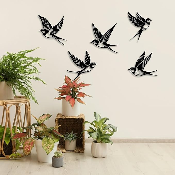 LIYOUYA 5 Pieces Metal Bird Wall Decor - Rustic Farmhouse Room Decor Simple Bird Flock Black Wall Art Home Decor for Living Room, Bedroom, Dining Room, Farmhouse (Black)