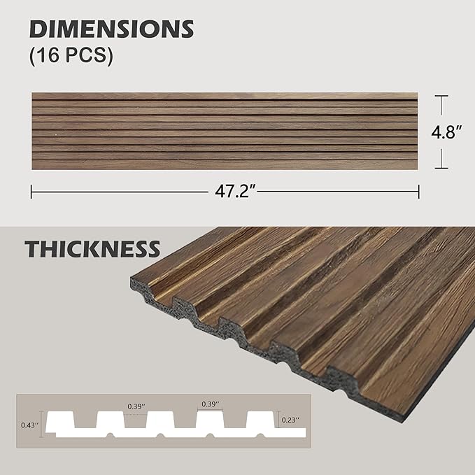 KASARO 3D Faux Wood Wall Panels - 16 Pack (47.2"x4.8") Fluted Slat Paneling for Walls & Ceilings, Adhesive or Nail Install, Waterproof Textured Decor - Living Room, Bedroom, Walnut
