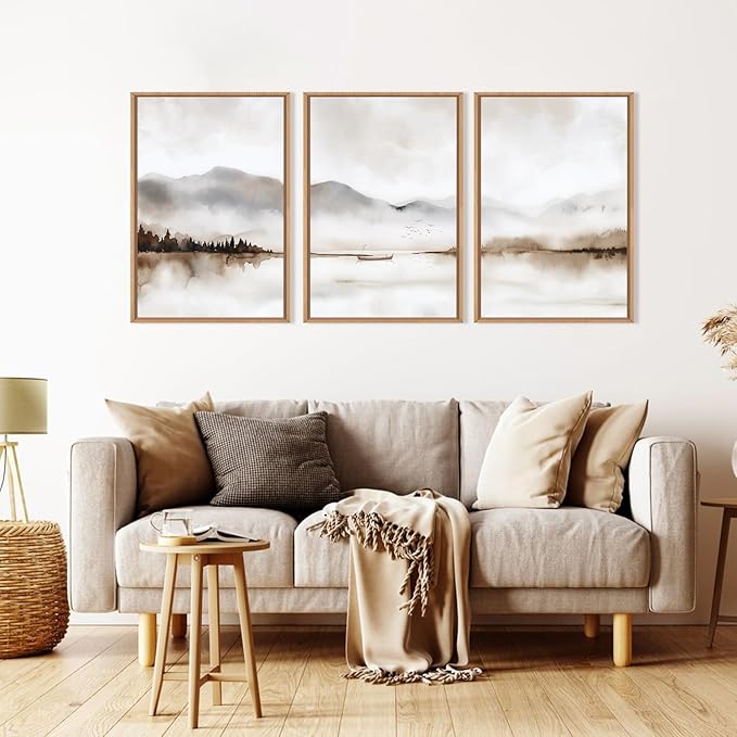 Neutral Abstract Mountain Framed Canvas Print Wall Art Set,Watercolor Beige and Gray Calming Landscape Wall Decor,Modern Minimalist Nature Artwork for Living Room,Bedroom-16 x24 x3