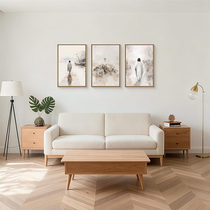 Jesus Walking on Water Canvas Wall Art,Boho Jesus Crucified Framed Wall Decor,Religious Christian Artwork,Holy Gathering Art Print for Living Room,Bedroom,Office- 24"x36"x3