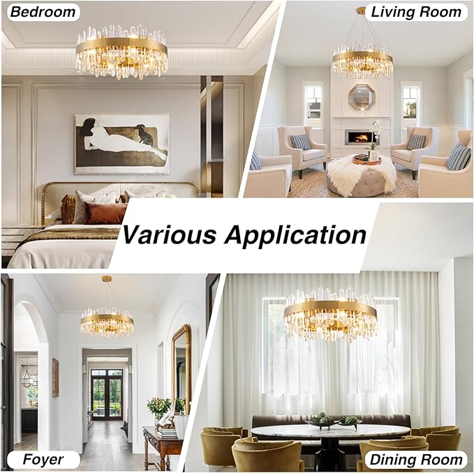 Modern Crystal Chandelier,Luxury Round 2 Tiers K9 Crystal Chandelier, 12-Light Brass Gold Round Flush Mount Ceiling Light Fixture for Dining Room Kitchen Foyer,D 23.6"
