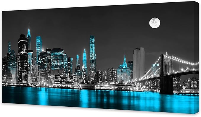 Jiuqinghua Wall Art Decor Canvas Print Picture 1 Panel Black White and Blue New York Brooklyn Bridge Cityscape Night Building Painting for Kitchen Office Home Decor Framed Ready to Hang 30x60inch