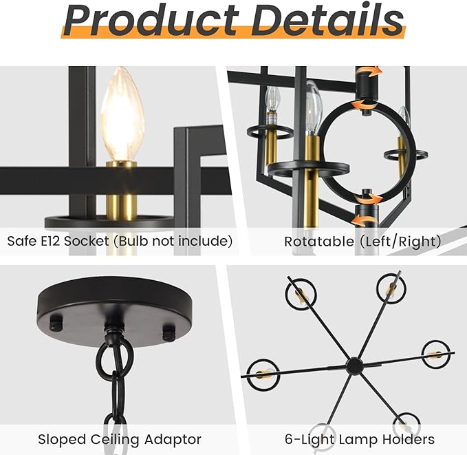 Black and Gold Chandelier, 6-Light Dining Room Light Fixture, Farmhouse Kitchen Island Lighting, Modern Foyer Lighting Fixtures, Foyer Chandeliers for High Ceilings, for Staircase, Entryway