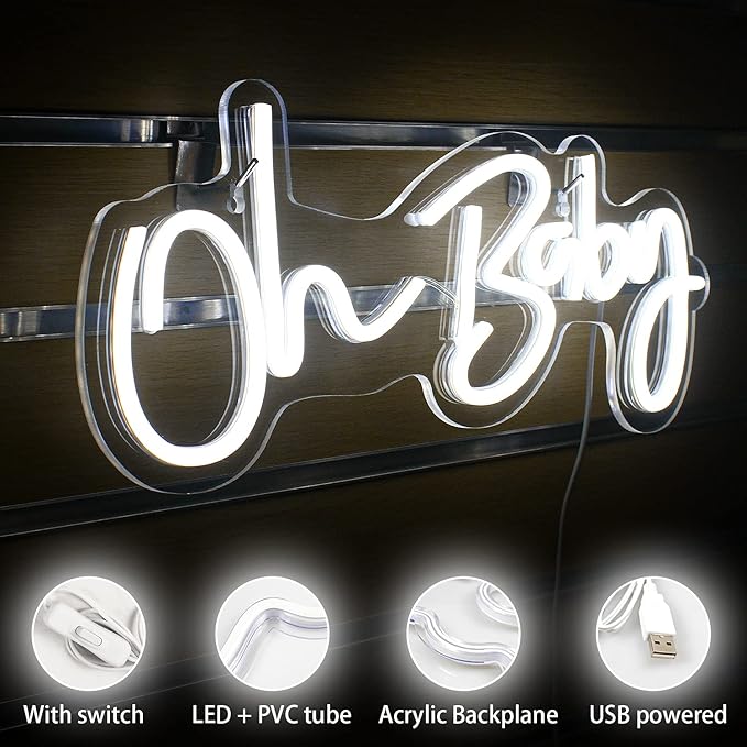 Lucunstar Neon Sign Oh Baby LED Sign for Wall Decor Cold White Neon Lights Up Oh Baby Word LED Light for Nursery Bedroom Game Party Shower Room Decor Gifts for Girls