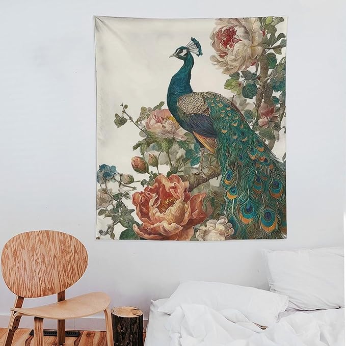 UUKXKUU Peacock Oriental Retro Blooming Flowers Tree Tapestry Wall Decor Large Wall Art Backdrop Flag Hanging for Bedroom Living Room Dorm Office 50"×60"