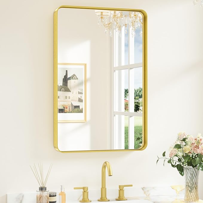 Keonjinn Gold Bathroom Mirrors for Wall 20 x 30 Inch Rounded Rectangle Gold Vanity Mirror, Brushed Brass Mirror with Metal Frame, HD Tempered Glass, Decorative Farmhouse Mirror(Horizontal/Vertical)