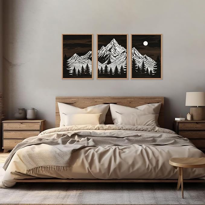 KAIRNE Wooden Mountain Tree Framed Canvas Wall Art Set, Country Wood Forest Wall Decor, Woodcut Pine Tree Wall Painting, Nature Farmhouse Zen Art Prints for Living Room, Bedroom, Office - 16"x24"x3
