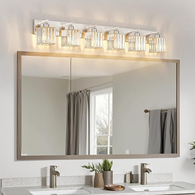 Modern Vanity Light 6-Lights Brushed Nickel Vanity Light Crystal Bathroom Wall Light Bathroom Light Fixtures
